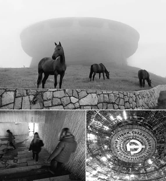 Collage of three photos: wild horses in front of Buzludzha Monument during a foggy day (above). Inside of Buzludzha Monument (below)